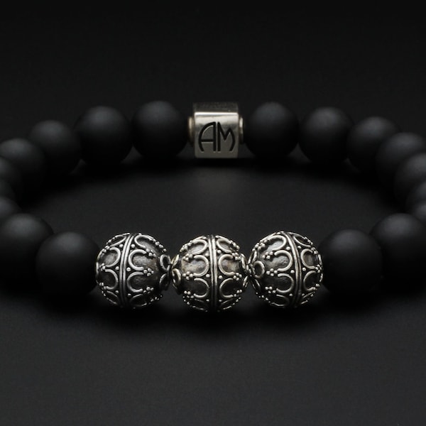 Frosted Black Onyx Bracelet, Men’s Silver Bracelet, Bead Bracelet, Luxury Bracelet, Designer Bracelet, Top Brand Bracelet, Strength, Power