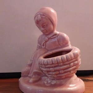 Vintage Pink Rose Ceramic Dutch Girl with Basket planter
