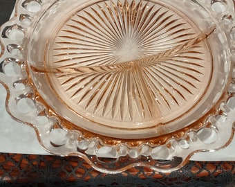 Pink Depression Glass, Old Colony Open Lace 3 Section Serving Plate Hocking Glass Co.
