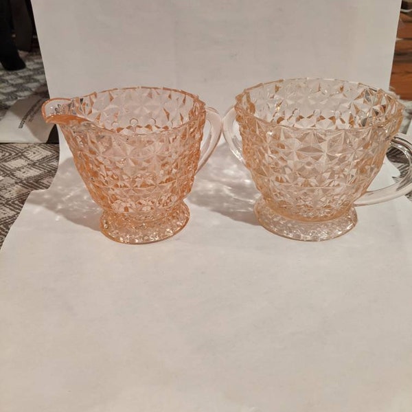 Jeanette Glass Co. Holiday "Ribbons and Bows" Pink Creamer and Sugar Bowls