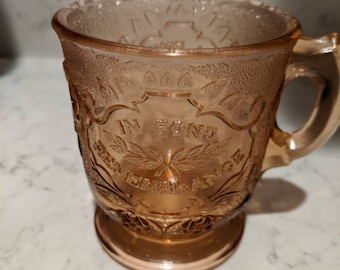Vintage " In Fond Remembrance" childs rose tinted glass mug