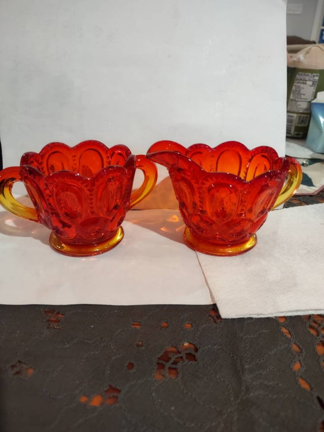 Vintage LE Smith Amberina Open Sugar and Cream Set Moon and Stars Etsy