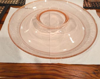 Pink Depression Glass Console Bowl Rolled Edge With Etched Scroll Design 12 1/2" Diameter