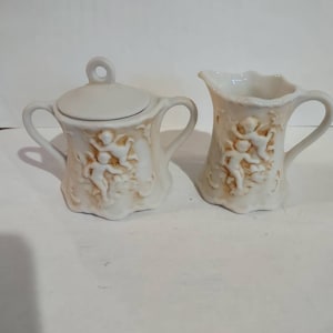 Vintage Lefton White Bisque Mini Creamer and Sugar with Cherubs