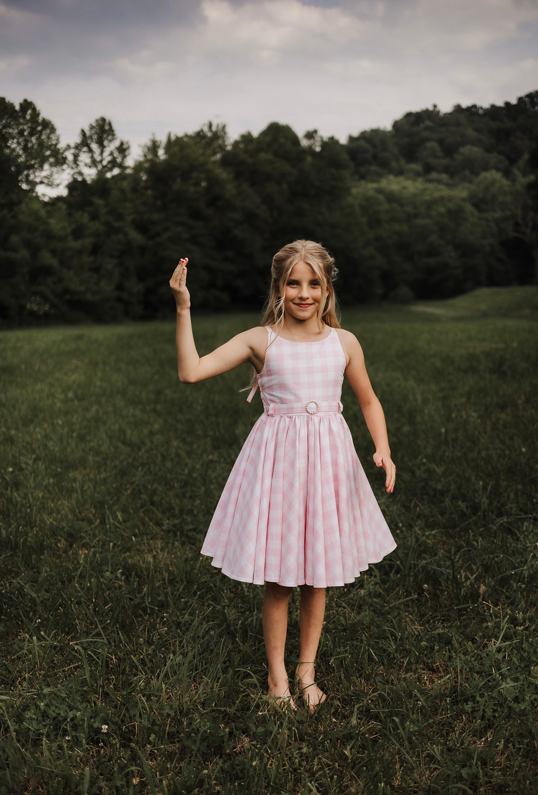 Sal & Pimenta Girls Dress - Scallop Hem - Pink Gingham - Bow on Back
