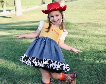 Girls Jessie costume, Jessie dress, toy story dress, cow girl dress, cow print