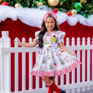 Grinch Christmas dress & matching bow, grinch dress, Christmas dress set, Cindy Lou who dress, dress and bow set