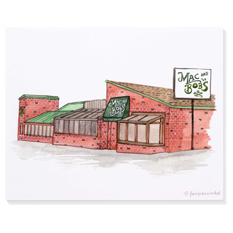 May include: A watercolor illustration of a red brick building with a green roof. The building has a sign that says "Mac and Bob's Big Fat Market".