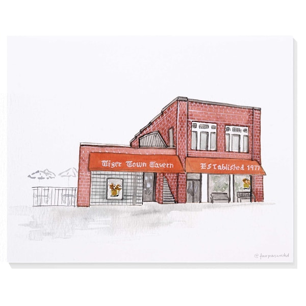 Tiger Town Tavern (near Clemson University - Clemson, SC) Hand Painted Watercolor Print