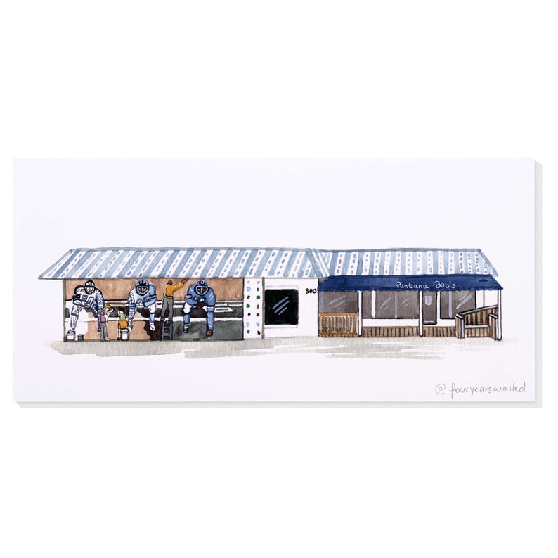 May include: A watercolor illustration of a building with a blue awning that says "Puttan's Bob's". There are four figures in blue uniforms sitting on a bench in front of the building. The building has a striped awning and a number "300" on the side.