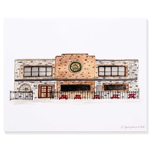 May include: Watercolor painting of a brick building with a sign that says "Lil Roy" and a green circle with a star inside. The building has a black fence with red picnic tables in front of it.