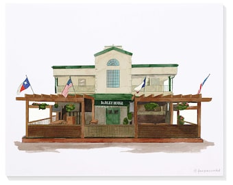 Barley House (near SMU – Southern Methodist University – Dallas, Texas) Hand-Painted Watercolor Print