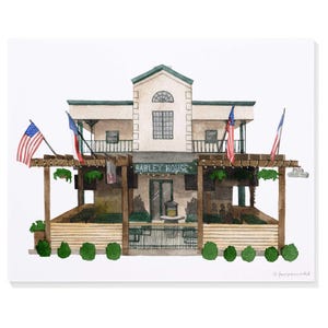 May include: Watercolor painting of the Barley House, a two-story building with a white facade, green trim, and a pergola. American and French flags are displayed. The name "Barley House" is written above the entrance.