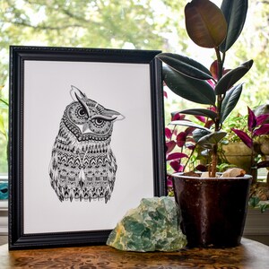Owl Print - Animal Drawing - Nature Artwork - Black and White Animals - Wall Decor - Gifts For Everyone - Zentangle Design