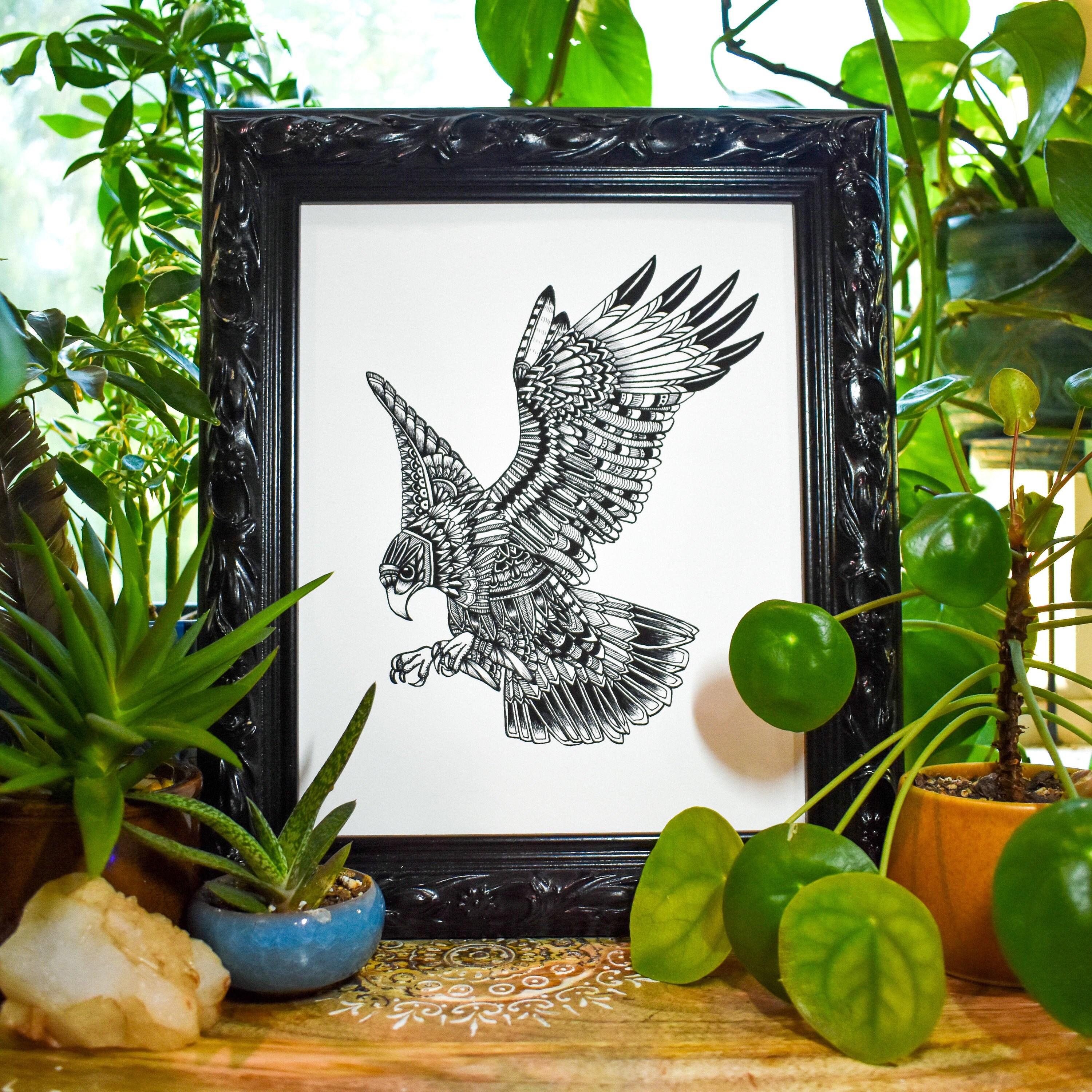 Hawk Print Ink Drawing Nature Artwork Black and White Animals Wall