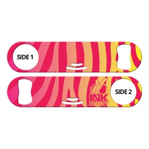 May include: Two bottle openers with a vibrant, abstract design. The openers feature a repeating pattern of pink, orange, and yellow curved stripes. One side is labeled "SIDE 1", the other "SIDE 2" with the text "INK CORRECT".
