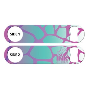 May include: A metal bottle opener with a turquoise and purple abstract pattern. The top side says "SIDE 1" and the bottom side says "SIDE 2" and has a logo that says "INK CORRECT".