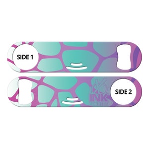 May include: A double-sided bottle opener with a teal and purple abstract pattern. One side features the text "SIDE 1" and the other side features the text "SIDE 2" and a logo with the text "INK CORRECT".