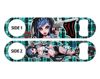 Bottle Opener for Bartender Gift F.U. Blue Hair Pinup Girl With Gun Bottle Opener Bar Blade Speed Bottle Opener Church Key by Martin Abel