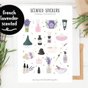 May include: A sheet of scented stickers featuring lavender-themed illustrations. The stickers include a diffuser, essential oil bottles, candles, bath salts, and lavender flowers. The text "SCENTED STICKERS" and "aromatherapy - french lavender scent" is printed at the top of the sheet. The text "www.etsy.com/au/shop/allotory stickers" is printed at the bottom of the sheet.
