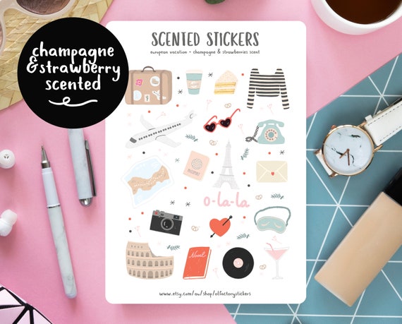 European Vacation Stickers: Champagne & Strawberry Scented Planner Stickers