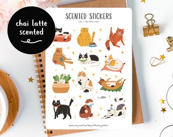 Cat Stickers, Cute Kitten Stickers, Chai Latte Scented Stickers, Kiss Cut Stickers for Planners, Bullet Journals and Scrapbooking