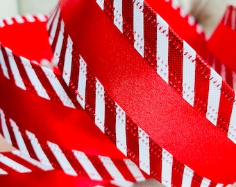 Candy Cane Wire Edged Ribbon, Candy Cane Peppermint Red White Stripe, 1.5" Wide, Perfect Wreath Garland Centrepiece Bow, Tree Decorations
