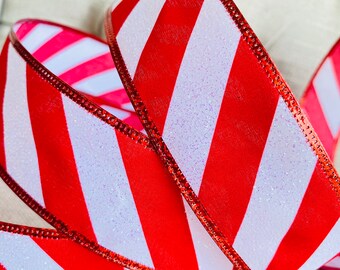 Wire Edged Ribbon Candy Cane, Peppermint, Red & Iridescent White Glitter Stripe, 1.5” Wide, Christmas Tree Decoration, Wired Ribbon, USA-UK