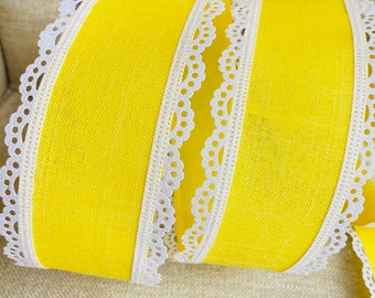 Scalloped Wire Edged Ribbon Yellow White Edge, Easter Ribbon, 2.5” Wide, Wreath Supplies, Summer Ribbon, Yellow White Wired Ribbon