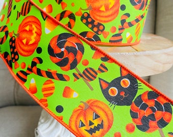 9 Meter Wire Edged Ribbon Green  Pumpkin Cat Candy, 2.5” Wide,  Halloween Wreath Garland Centrepiece Ribbon, Wired Ribbon, Halloween Witch