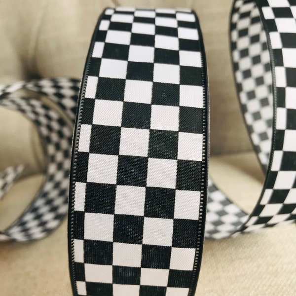 Wire Edged Ribbon Check Black White Checkered Flag , 1.5” Wide, Craft Ribbon, Wreath Supplies, Perfect Garland Wreath Bow Ribbon,