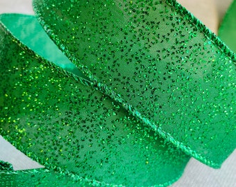 Wire Edged Bright Green Shimmer Glittering Ribbon, 1.5” Wide, Christmas Tree Decoration, Wired Ribbon, Green Ribbon, Glitter Ribbon