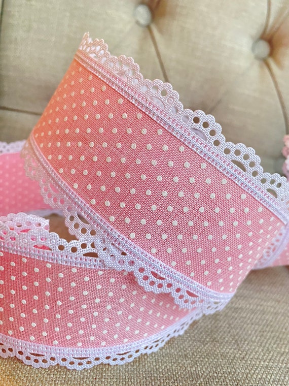 Lace Scalloped Wire Edged Ribbon Pink White Swiss Dots White
