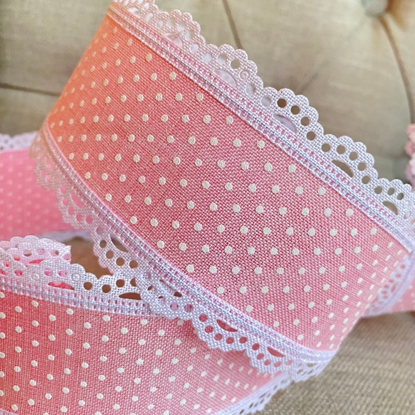 Lace Scalloped Wire Edged Ribbon Pink White Swiss Dots White Edge, 2.5” Wide, Wreath Supplies, Summer Ribbon, Pink White Wired Ribbon