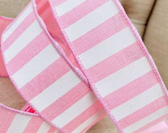 9 Meter Ribbon Wire Edged Stripe Pink White  Perfect Baby Girl Theme 1.5” Wide, Wreaths Garlands Centrepieces Bows