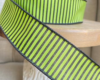 Wire Edged Ribbon Lime Green Black Thin Stripe 1.5” Wide, Halloween Wreath garland bow Ribbon, Wired Ribbon, Halloween Party Decoration