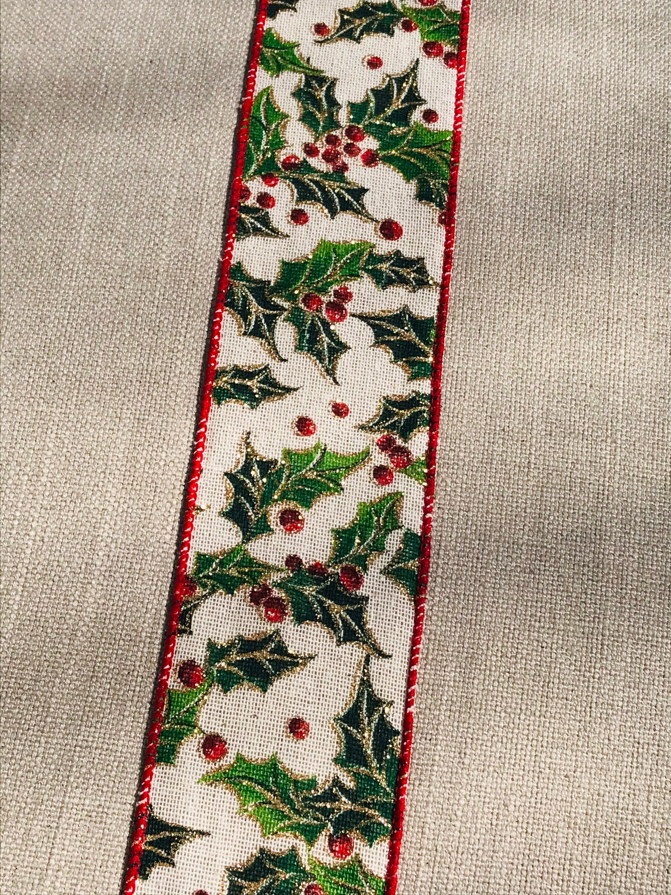 Wire Edged Ribbon Christmas Holly Berries With Gold Etsy