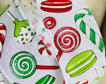 Wire Edged Ribbon, Candy Cane, Peppermints, lollipop Red white Green White Iridescent Glitter 1.5” Wide, Christmas Tree Decoration, Wired