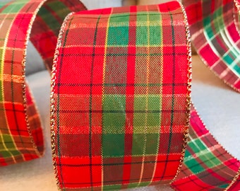 Wire Edged Ribbon Tartan Plaid Gold Metallic Red Green 2.5” Wide, Tartan Ribbon, Christmas Ribbon, Nutcracker Theme, Wired Ribbon,