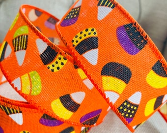 Halloween Candy Corn Wire Edged Ribbon, 1.5” Wide, Orange with Multi Candy Corns, Speckle Dots, Stripes Halloween Ribbon, Candy Corn