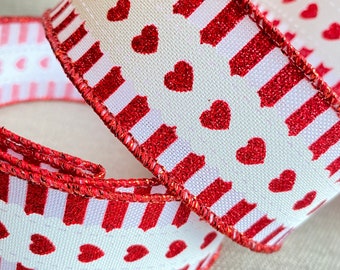 Wire Edged Ribbon Valentines Shimmering Red Stripe with Scolloped Central Strip with Gorgeous Hearts, 1.5” Wide, Wreath Decoration Supplies