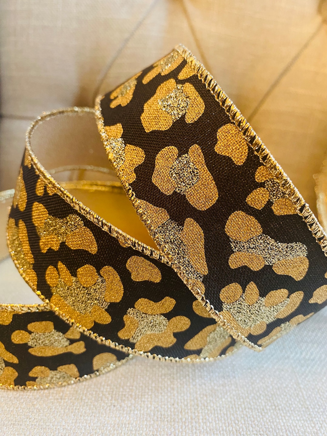 9 Meter Cheetah Leopard Print Wire Edged Ribbon, 1.5 Wide, Gold Bronze ...
