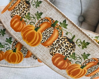 Wire Edged Ribbon, Leopard Print Pumpkins on Natural, 2.5” Wide, Perfect Wreath Garland Centrepiece Bow, Pumpkin Decoration