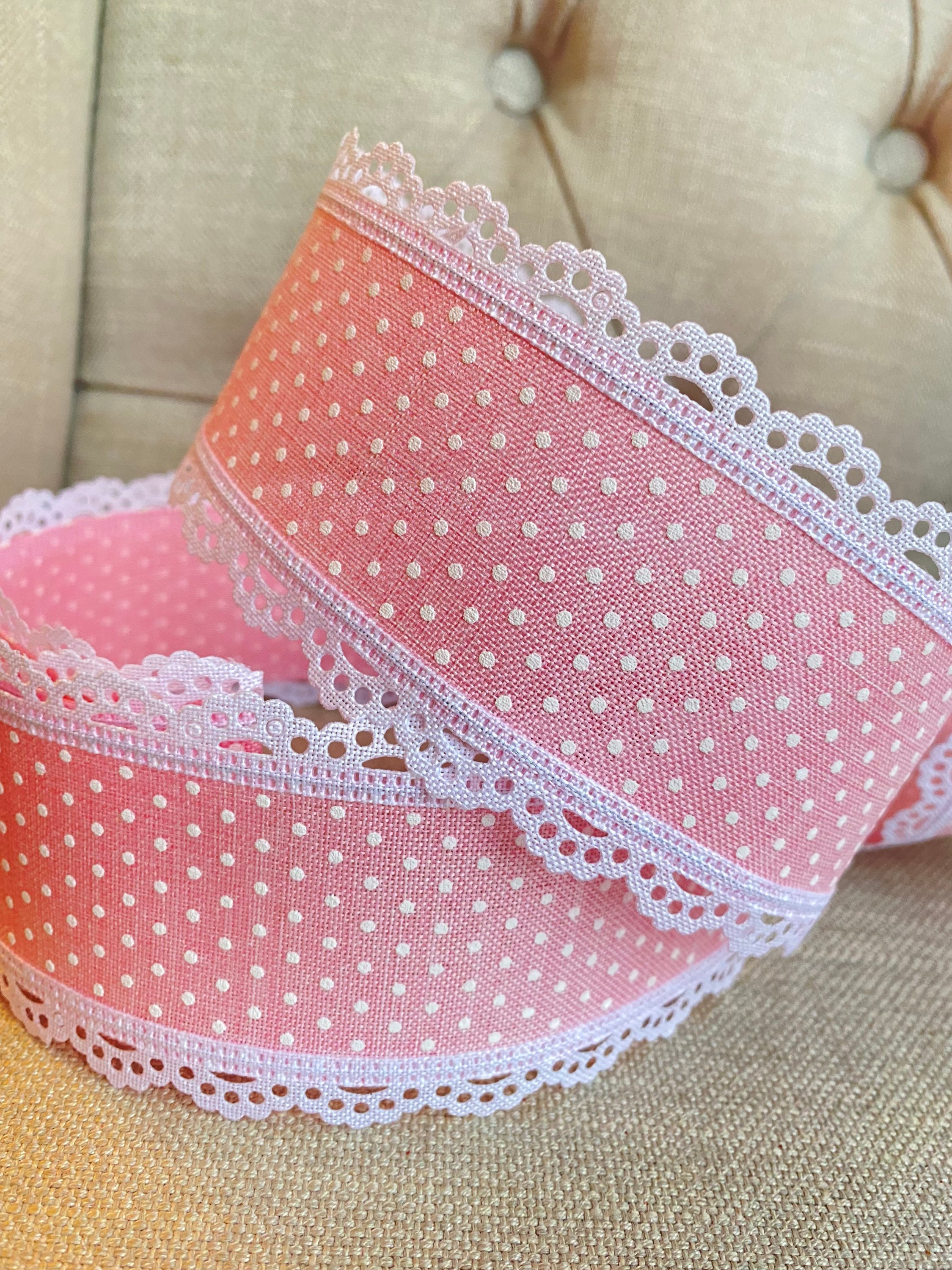 Lace Scalloped Wire Edged Ribbon Pink White Swiss Dots White