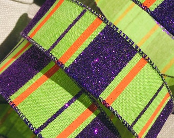 Wire Edged Ribbon Lime Green Glitter Purple & Orange Stripe 1.5” Wide, Perfect Halloween Wreath garland bow Ribbon, craft supplies