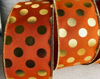 9 Meter Wire Edged Ribbon, Gold Metallic Polka Dot on a Burnt Rust Orange Canvas, 2.5” Wide, Wreath Ribbon, polka dot Ribbon, Wired Ribbon,