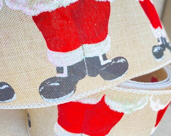 Wire Edged Ribbon Christmas Vintage Santa Boots, Ho Ho Ho 2.5” Wide, Santa Ribbon, Tree Decorations, Wired Ribbon, Father Christmas Ribbon,