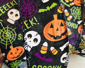 9 Meter Wire Edged Ribbon, Skull Pumpkins, Spider Web, Bats, Candy Corn, Spooky & BOO, 1.5” Wide Halloween Perfect for Wreath Garland Bows