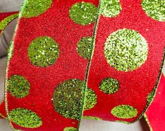 Wire Edged Ribbon Red Glitter, Lime Green Polka Dots, 2.5” Wide, Christmas Ribbon, Dot Ribbon, Wired Ribbon, Christmas Decoration