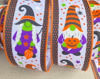9 Meter Wire Edged Ribbon Halloween Gnomes lots of Cute Gnomes Witch Wizard Pumpkins , 2.5” Wide, Gnome Ribbon, Wired Ribbon, Usa Import